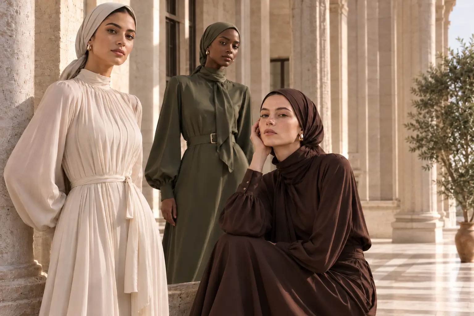 Three modest fashion looks styled in a classical courtyard